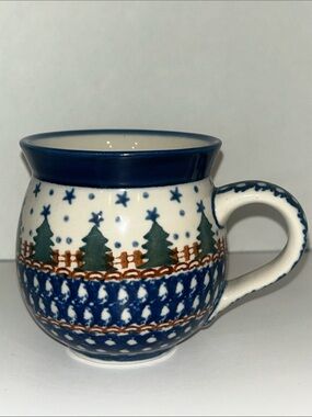 Blue Rose Polish Pottery mug Rustic Pines Christmas pattern bubble coffee cup